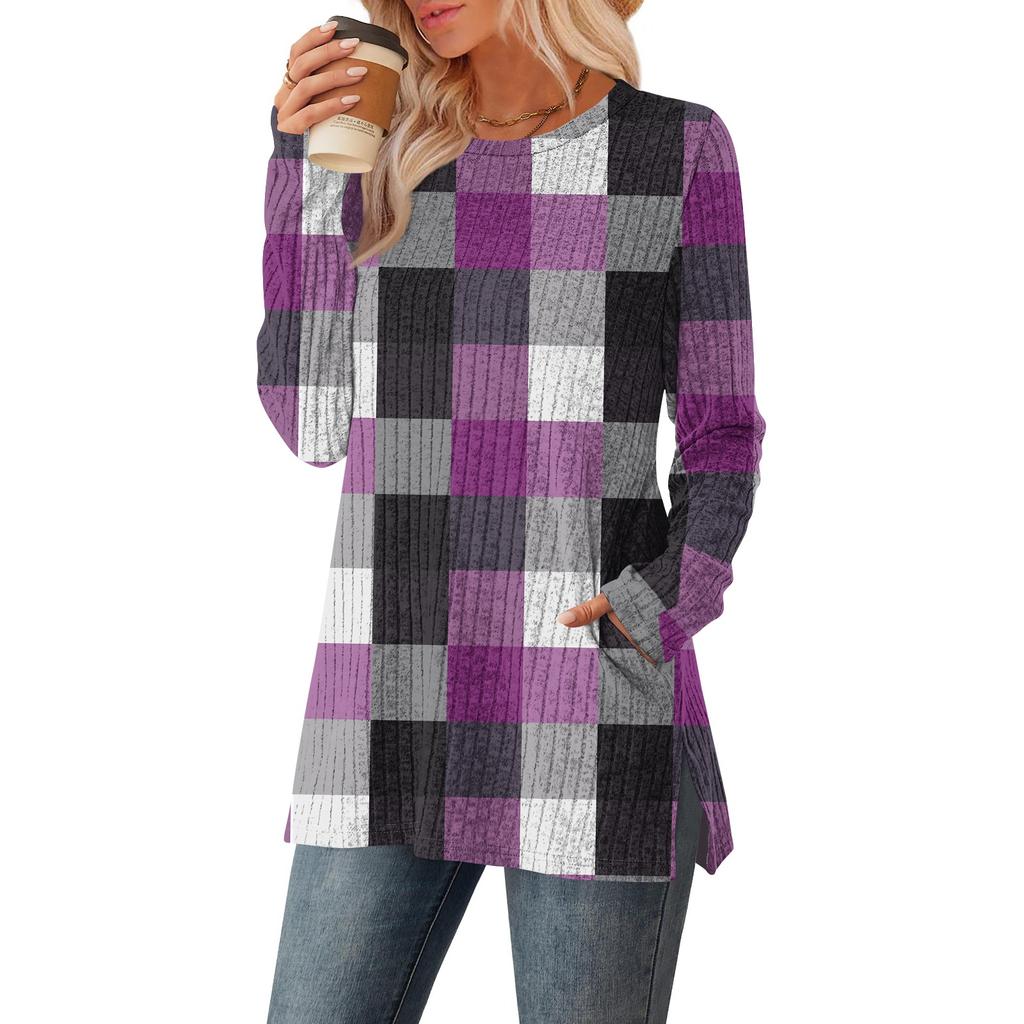 Women's Checkered Printed Round-neck Long-sleeved Top With Pockets And Side Slits