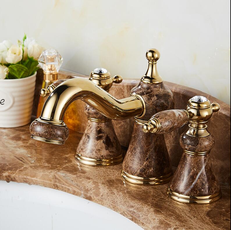 Basin Faucet Bathroom Widespread Sink Faucet Mixer Deck Natural Marble Sink Tap Three Holes Faucet Golden Mixer Tap Faucet