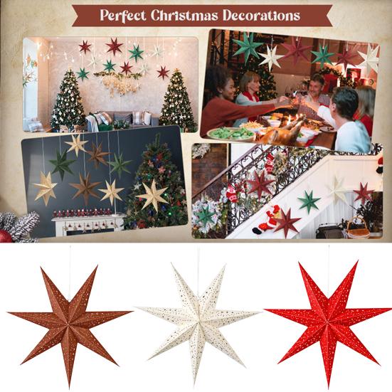 Christmas 3D Paper Star Lantern 7 Point Hollow Paper Star Lampshade Hanging Decoration for Christmas New Year Wedding Party Holiday Birthday