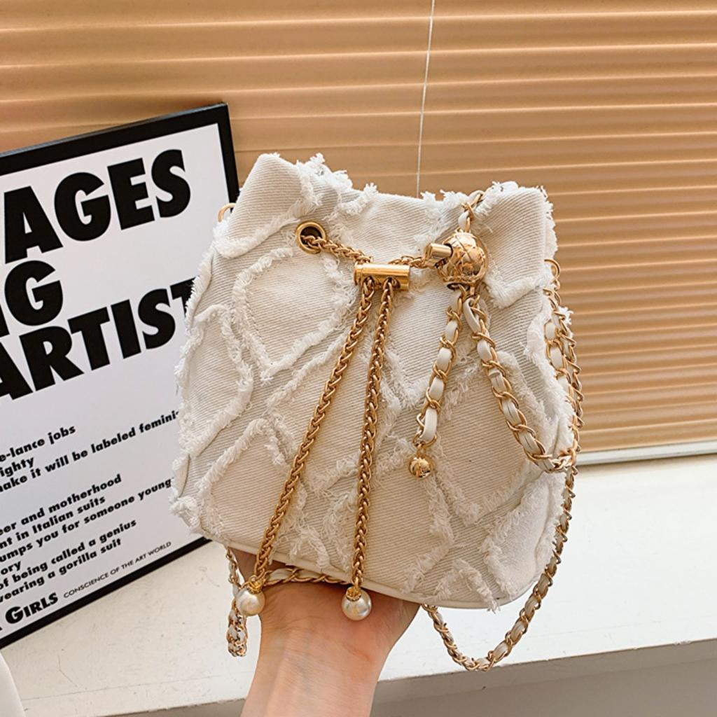 Ling Grid Řetízková Kbelíková Taška, Jednoduchá Crossbody Taška, Dámská Módní Ramenní Taška se Stahovací Šňůrkou a Střapcem