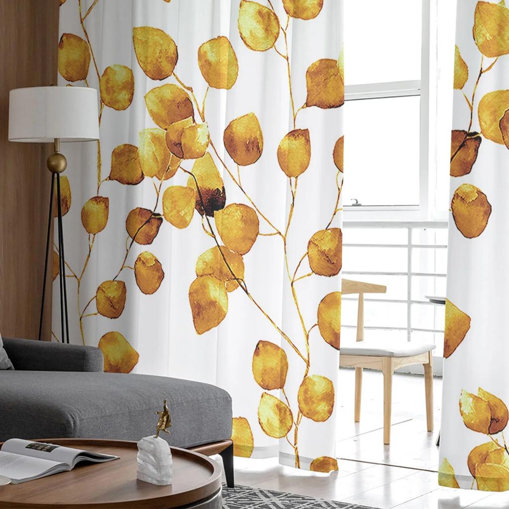 Perdele din tul pentru fereastră din frunze de acuarelă galbenă, pentru living, bucătărie, decorațiuni pentru locuințe de Crăciun, perdele din voal transparent