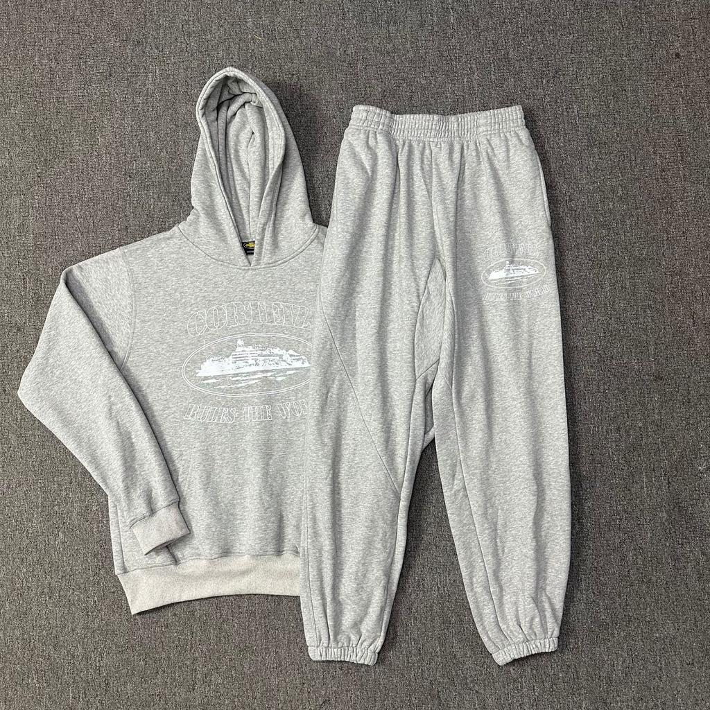 Corteiz Classic Series Ship Print Logo Thin Plush Loop Hooded Sweater, Trendy Men's and Women's Casual Sweatpants