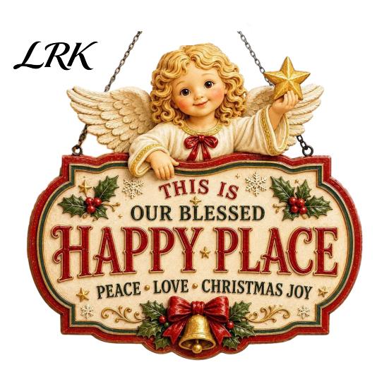 Christmas Bedroom Door Decor This Is Our Blessed Happy Place Sign, Welcome Front Durable Wooden Holiday Sign Hanger Decoration, Rustic Wall