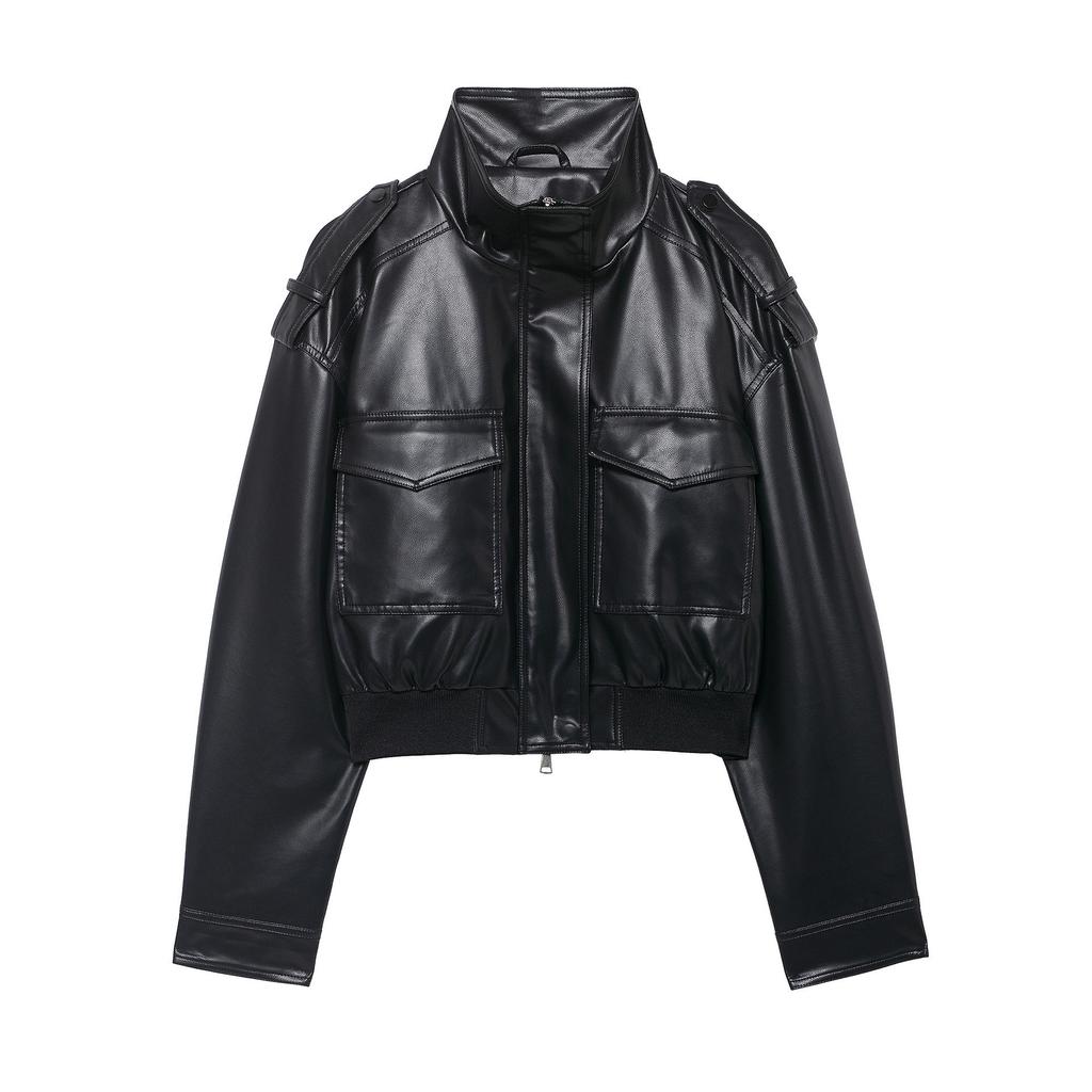 European and American Style, New Women's Clothing, Fashionable, Versatile, Cross-border Stand-up Collar Imitation Leather Strap Jacket