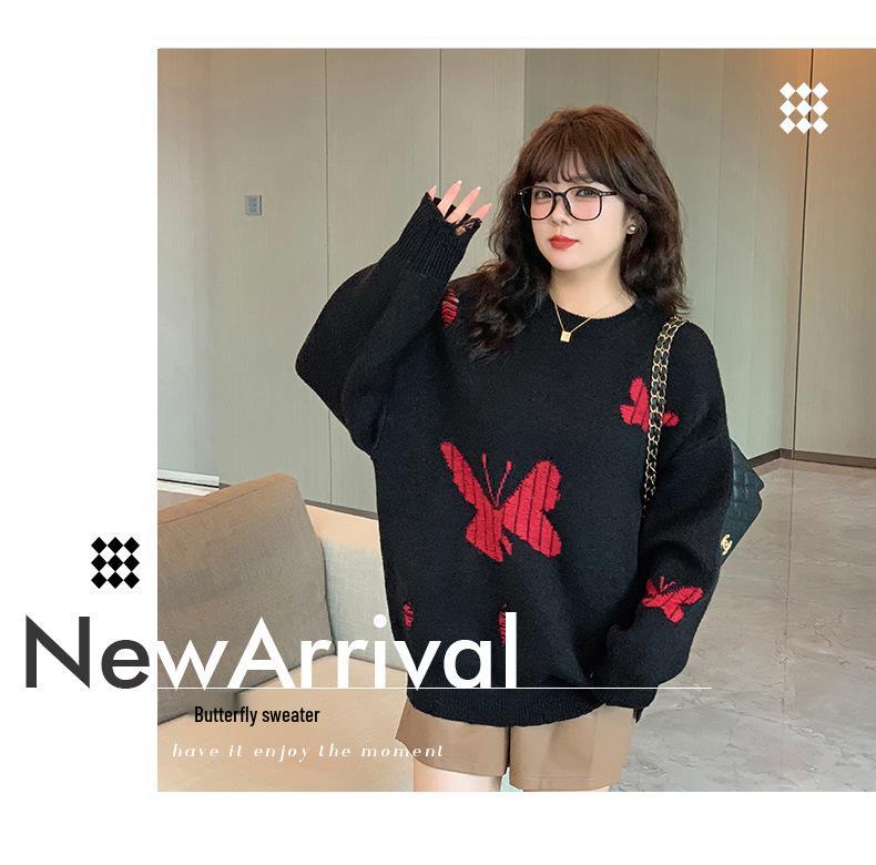 XHK2568 Plus Size Women's Winter Sweater - Hollow Out Butterfly Design, Soft and Cozy