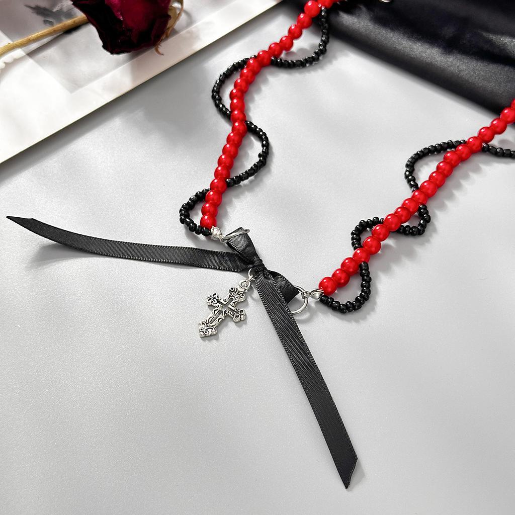 Wind Spice Girl Ribbon Bow Cross Necklace Female, Gothic Red Rice Bead Beaded Clavicle Necklace