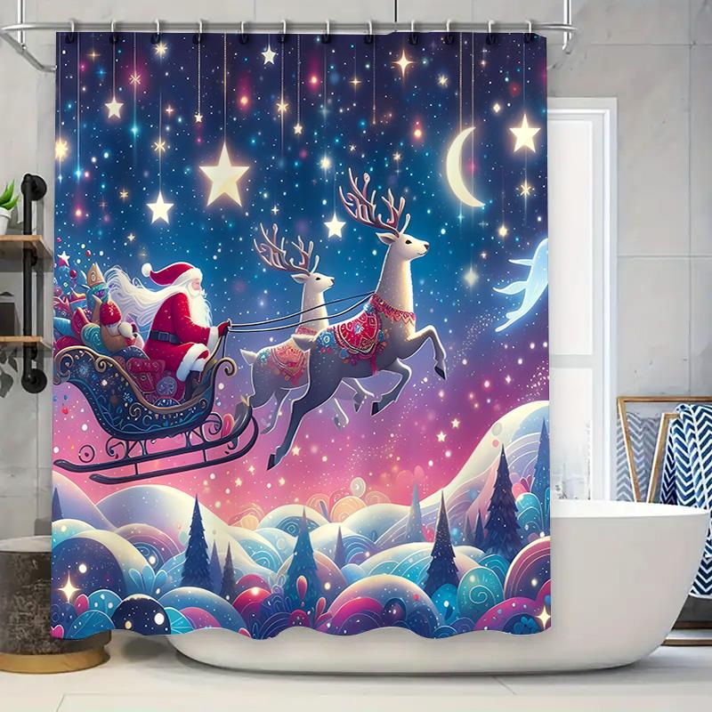 Santa Claus Reindeer Sleigh Christmas Shower Curtain Festive Decor For Bathroom Kids Adults Stars Moon Sky Complimentary Hook