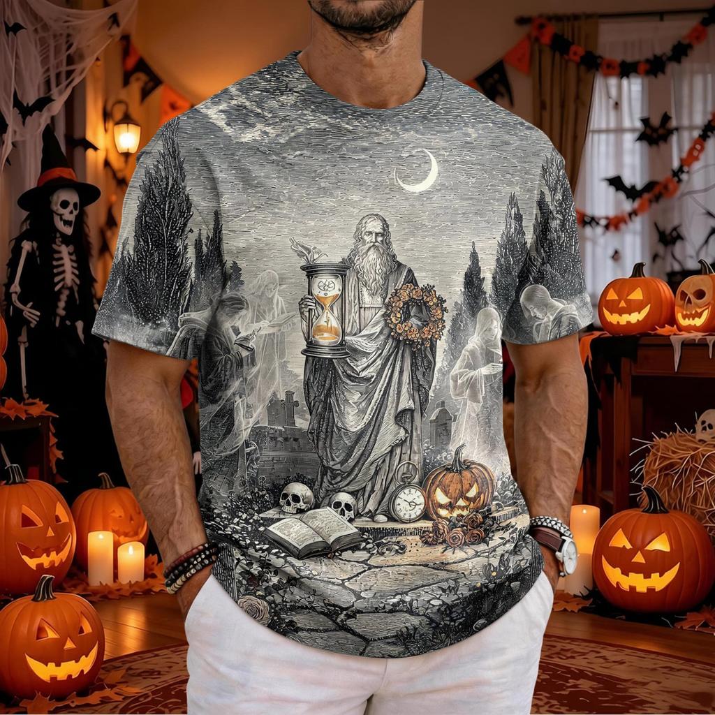 Men's Halloween Neck Short Sleeve T-Shirt with Graphic Print for Costume Party