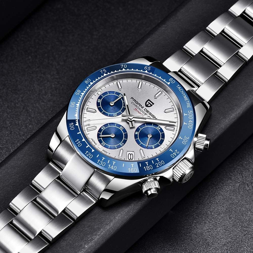 Pagani Design Men's Watch SEIKO Quartz Movement Chronograph Waterproof Ceramic Bezel Stainless Steel Blue