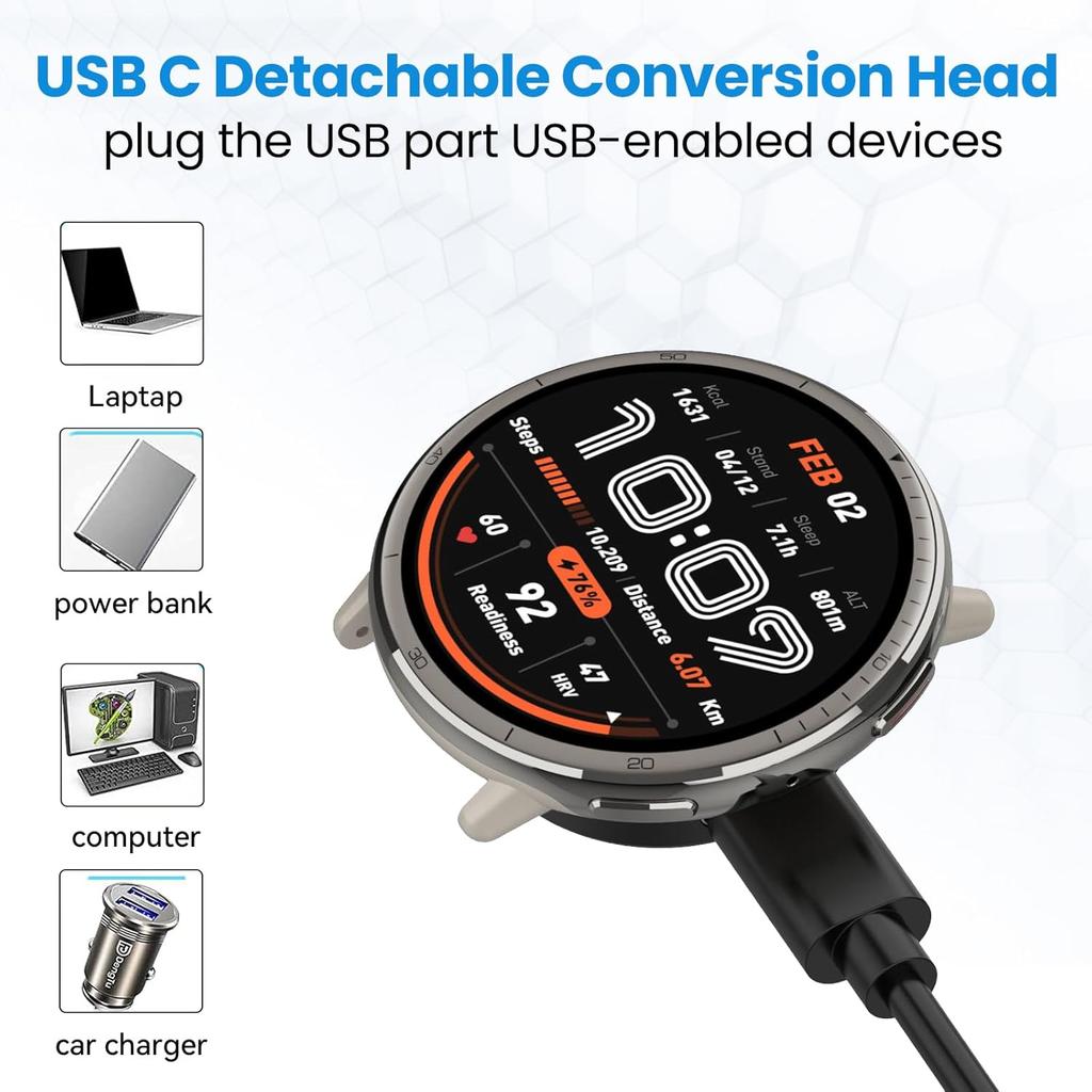 Intended for Amazfit Active 2 / Bip 6 Charger Cable Dock 3.3ft USB C Cable Portable Replacement Smartwatch Type-C Charging Stand Station Cord