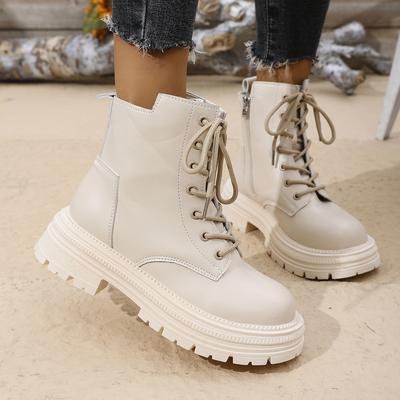 Winter  Ankle Boots Women Fashion Zip Lace Up Platform Combat Boots Woman Comfy Low Heels Pu Leather Botas Mujer Size 36-42