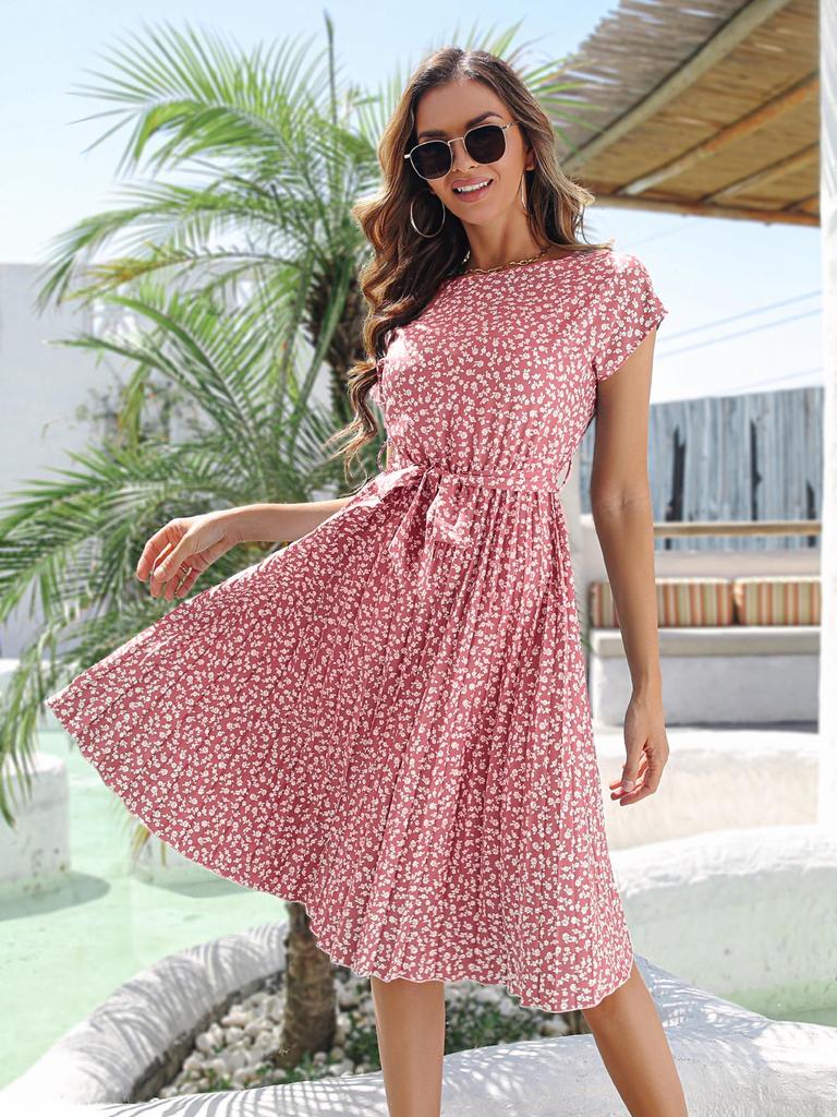 2023 Spring/Summer Women's Floral Tie-Up Dress with Pleated Skirt - European & American Style, Short-Sleeved, Casual