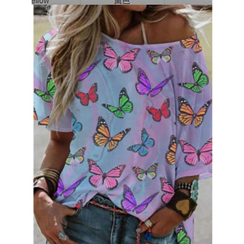 V-neck T Shirts Street 3D Printed Tees Short Sleeved Floral Bird Loose T-shirt for Women