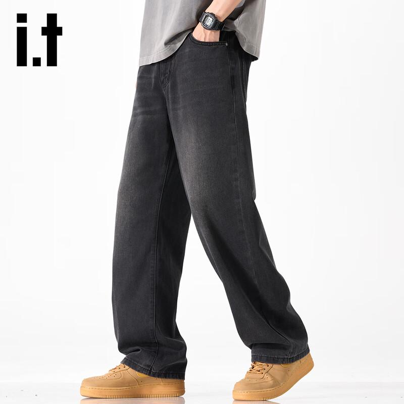 izzue it Men's Washed Black Loose Straight Denim Shorts