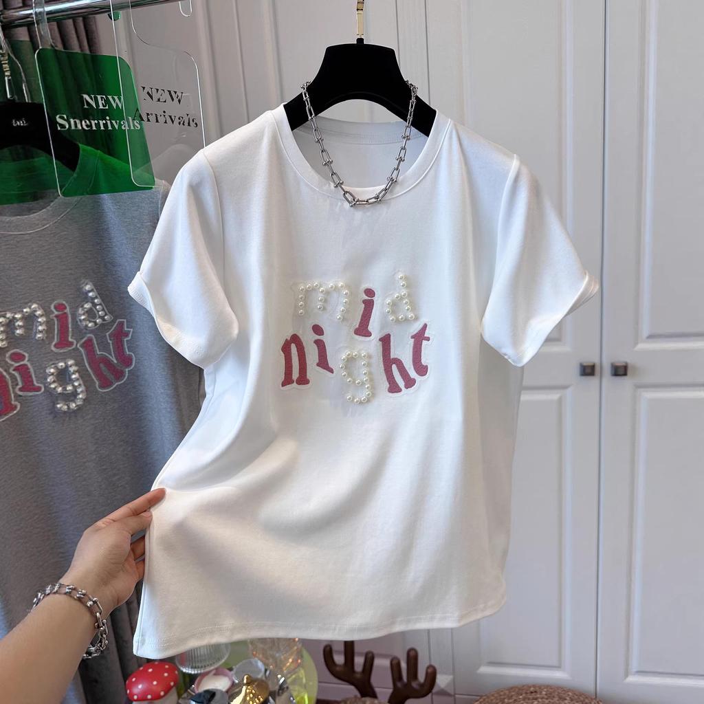 220g Trendy Brand Cotton Extra Large Beaded Embroidered Round Neck Loose Short Sleeve T-Shirt