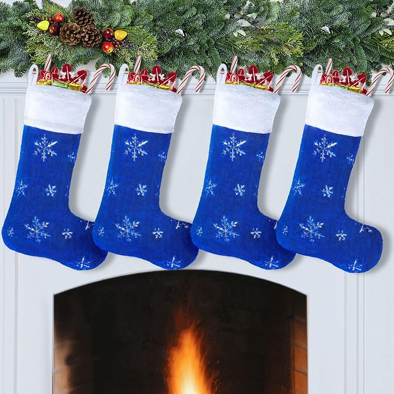 2PCS Plush Christmas Stockings White Faux Fur Large 56cm Deluxe Hanging Xmas Stockings with Silver Sequin Snowflake for Christmas Fireplace
