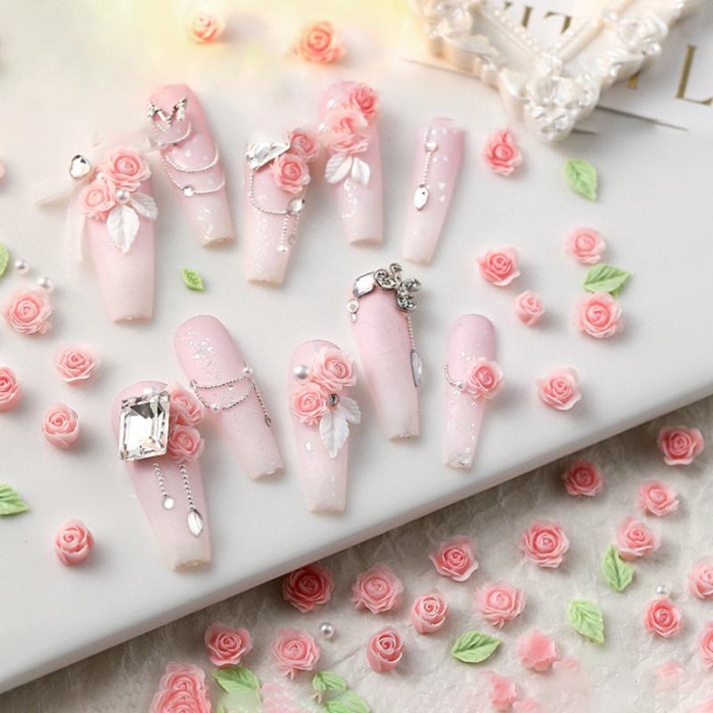 50 Pcs 3D Size 6/7/8Mm Pearl Resin Flower Rose Nail Charms Accessories Pink Rose Red Nail Art Luxury Decoratons Supplies Diy