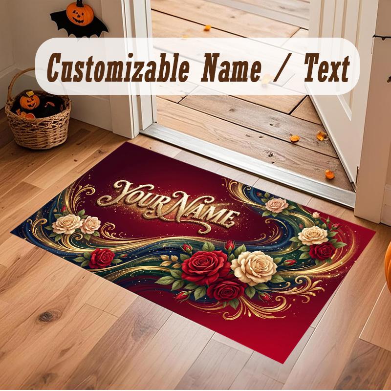 Floral Garden Theme Soft Crystal Velvet Rug Custom Name & Text Print Non Slip Floor Rug for Bedroom Living Room