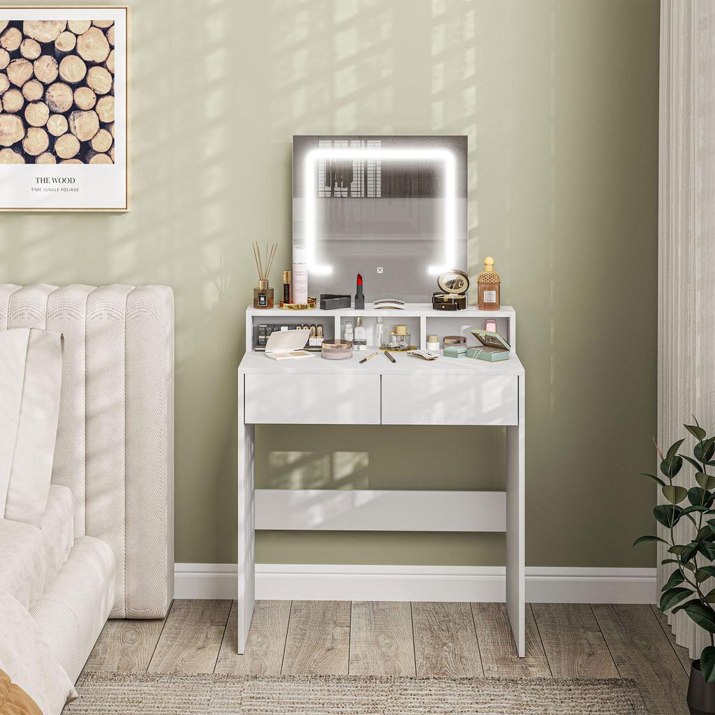 Storage Dressing Table, with LED Light Mirror - White