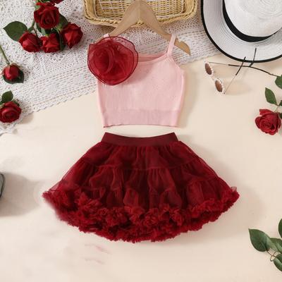 Girls Knit Vest + Mesh  Cake Skirt Stylish Two-Piece Set