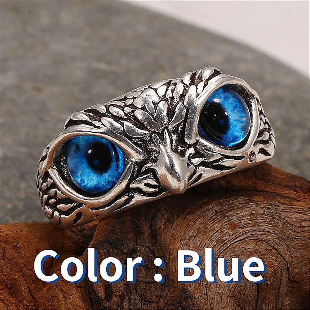 

Демоническое украшение в подарок Кольцо-заявление Открытое регулируемое винтажное кольцо Глаз совы синий