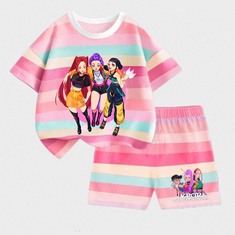 

K-pop Охотники на демонов Детский комплект с коротким рукавом и шортами Модная летняя детская одежда для мальчиков и девочек Хлопковая футболка и штаны Спортивные костюмы 9-10Y
