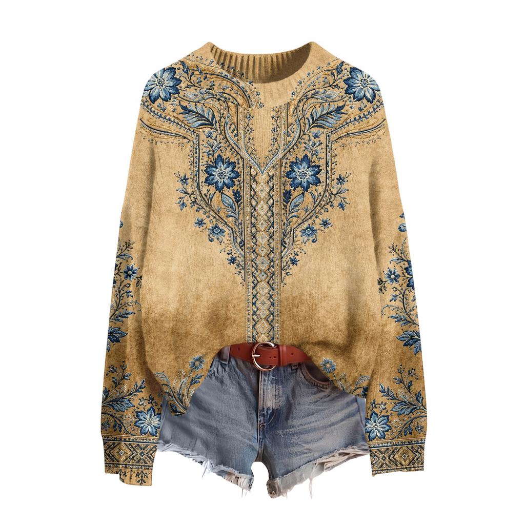 Women's Long Sleeve Crewneck Sweater, Soft Printed Pullover for Fall Winter