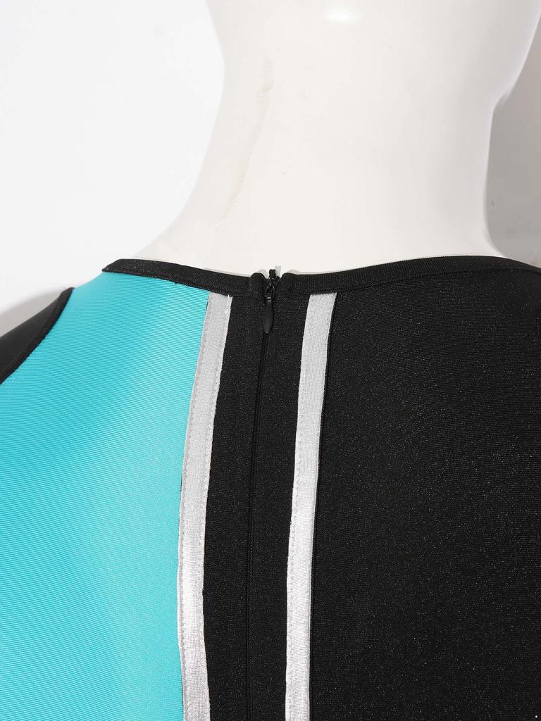 Men‘s Metallic Trim Color Block Swim Jumpsuit Short Sleeve Thigh Length Bodysuit with Back Hidden Zipper for Swimming Training