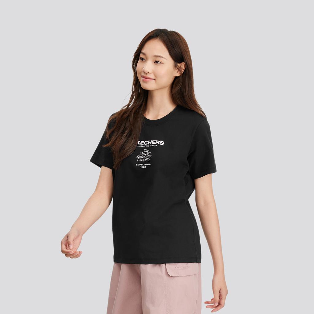 Skechers Comfortable Loose Fit Printed Breathable Short Sleeve Drop Shoulder T-Shirt Women tops Carbon-Black L225W160-0018