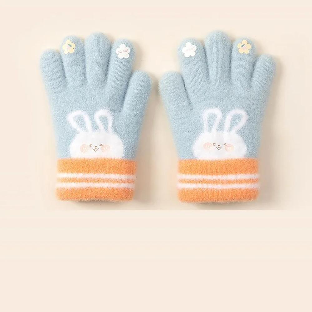 5 Colors Winter Kindergarden Kids Five-Finger Cartoon Knitted Gloves Girls Warm Thickened Plush Gloves Cute Bunny Gloves 3-5Y