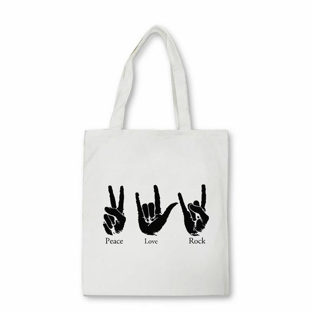 Peace Love Rock Damen-Einkaufstasche, lustige Musik, Radiologie, Skelett, Teenager-Studenten, Umhängetasche, Canvas-Tasche mit Friedensdruck