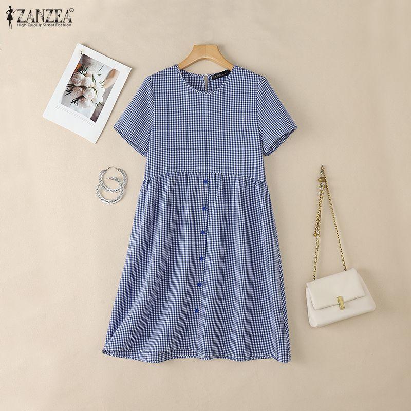 ZANZEA Rochie casual pentru femei, cu gât rotund, mânecă scurtă, imprimeu carouri