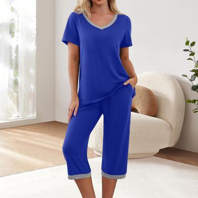 Women's Pajama Set Short Sleeve V-Neck Top And Wide Leg Cropped Pants 2 Piece Lounge Set Casual Summer Sleepwear with Pockets