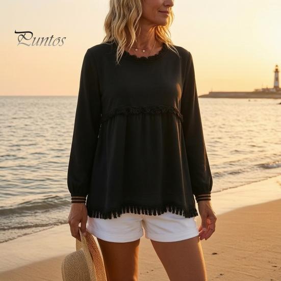 Autumn Outfit Women Fall O-Neck Shirt, Loose Fit Casual Fringe Blouse, Solid Long Sleeve Pullover Color Ruffle Top with Tassels Shirt
