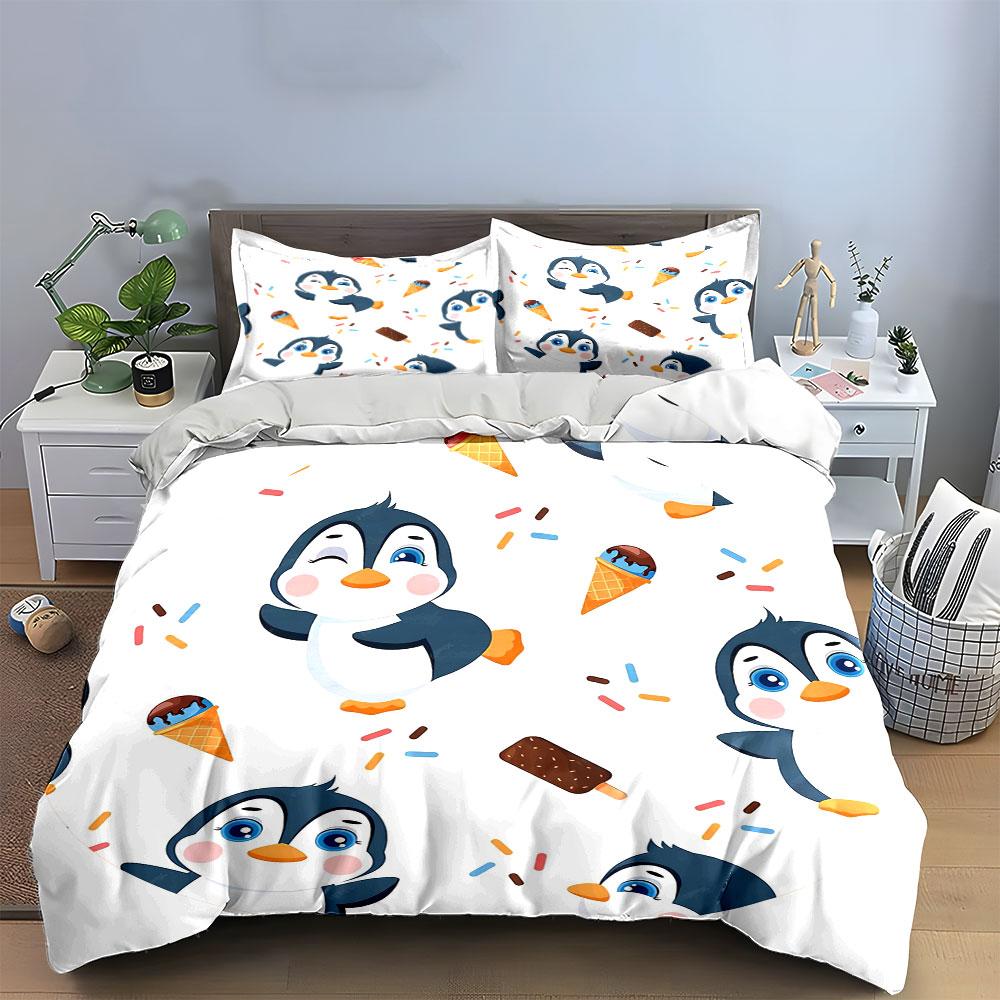 Penguin Ice Cream Theme Decor Soft Skin-Friendly Bedding Set Includes 1 Duvet Cover And 2 Pillowcase Gift