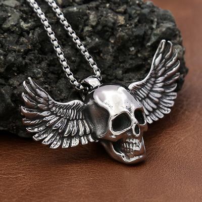 Titanium Steel Jewelry Men's Pendant Stainless Steel Domineering Wings Skull Necklace Halloween Gift