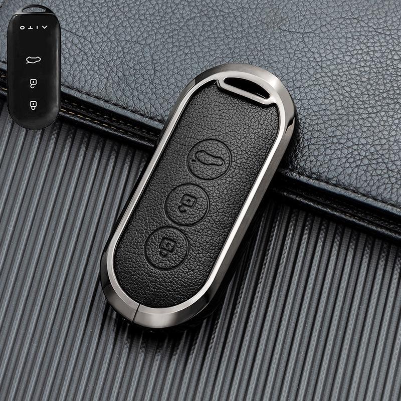 Business Style Double-Sided Leather Key Shell for AITO M7/M5 EV 2022 Model - Full Coverage Metal Car Key Case