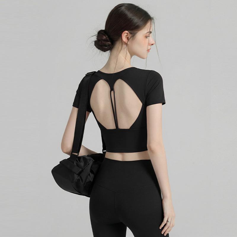 

2026 Spring/Summer Women s Cut-Out Back Yoga and Fitness Short Sleeve Top L [Weight 110-120 lbs]