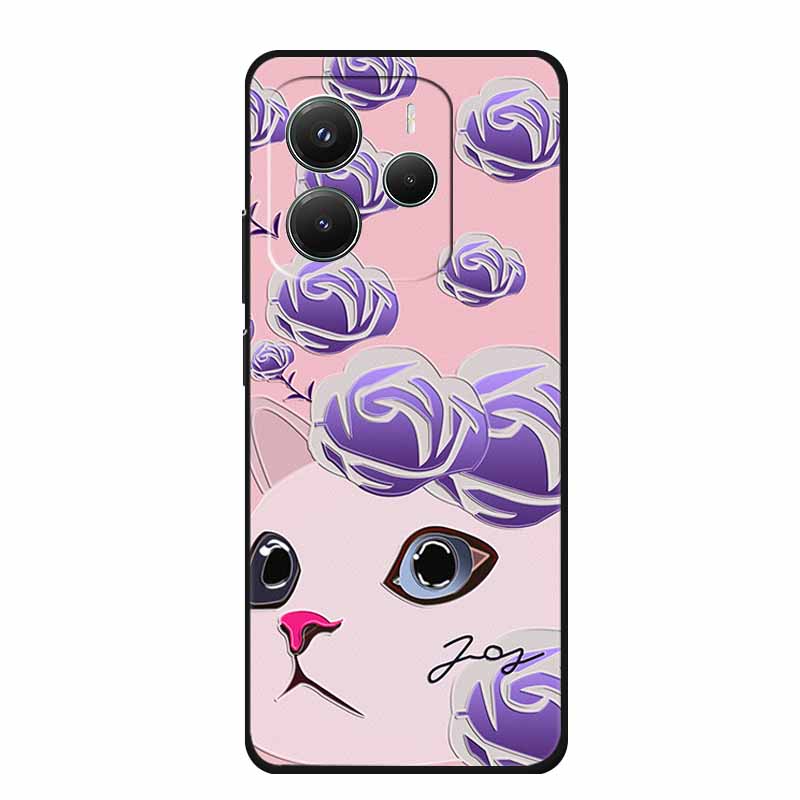 3D Emboss Case For Xiaomi Redmi Note 14 Phone Case Flowers Black Silicone Soft Back Cover Coque For Redmi Note 14 5G Global Case