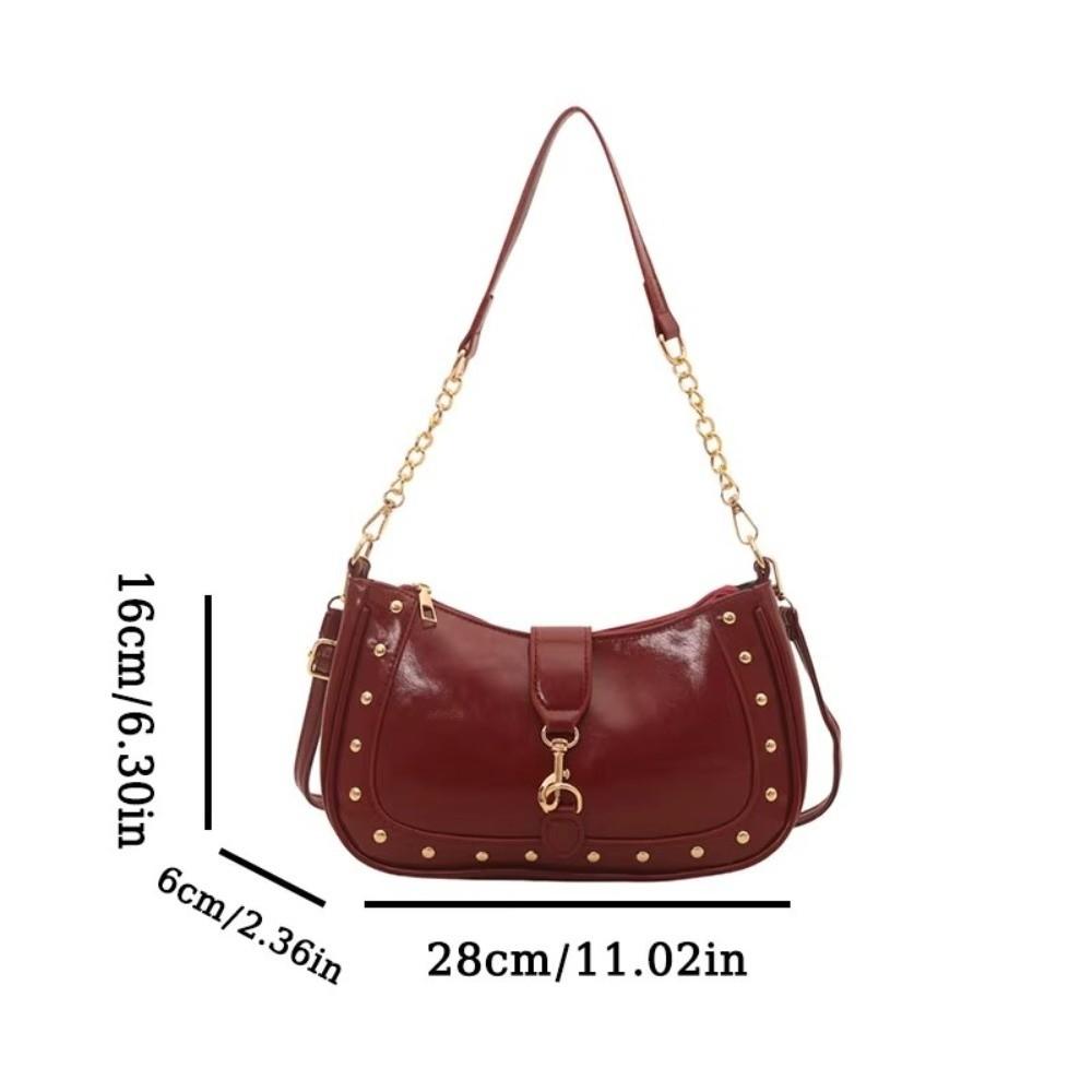 Casual PU Women Shoulder Bag Large Capacity Water-Resistant Crossbod Bag with Hook Lock Metal Rivet Decoration Underarm Bag