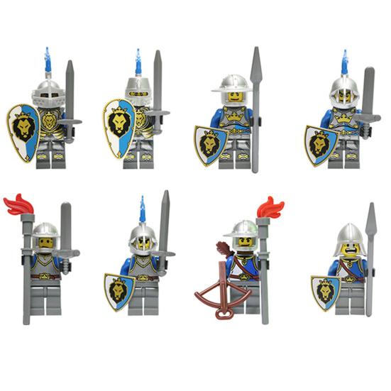 

8 шт. Средневековые минифигурки солдата рыцаря с синим львом, сделай сам, строительные блоки, коллекционные рыцари, серия лучников, мультяшная фигурка, детские образовательные 8pcs