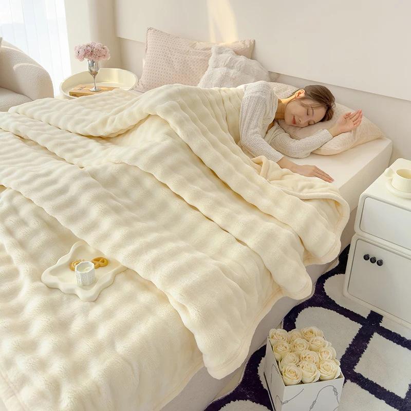 Rabbit Plush Luxurious Solid Color Rabbit Blanket Coral Velvet Double-Sided Thick Spring Warm Pads For Office Nap Time Blanket