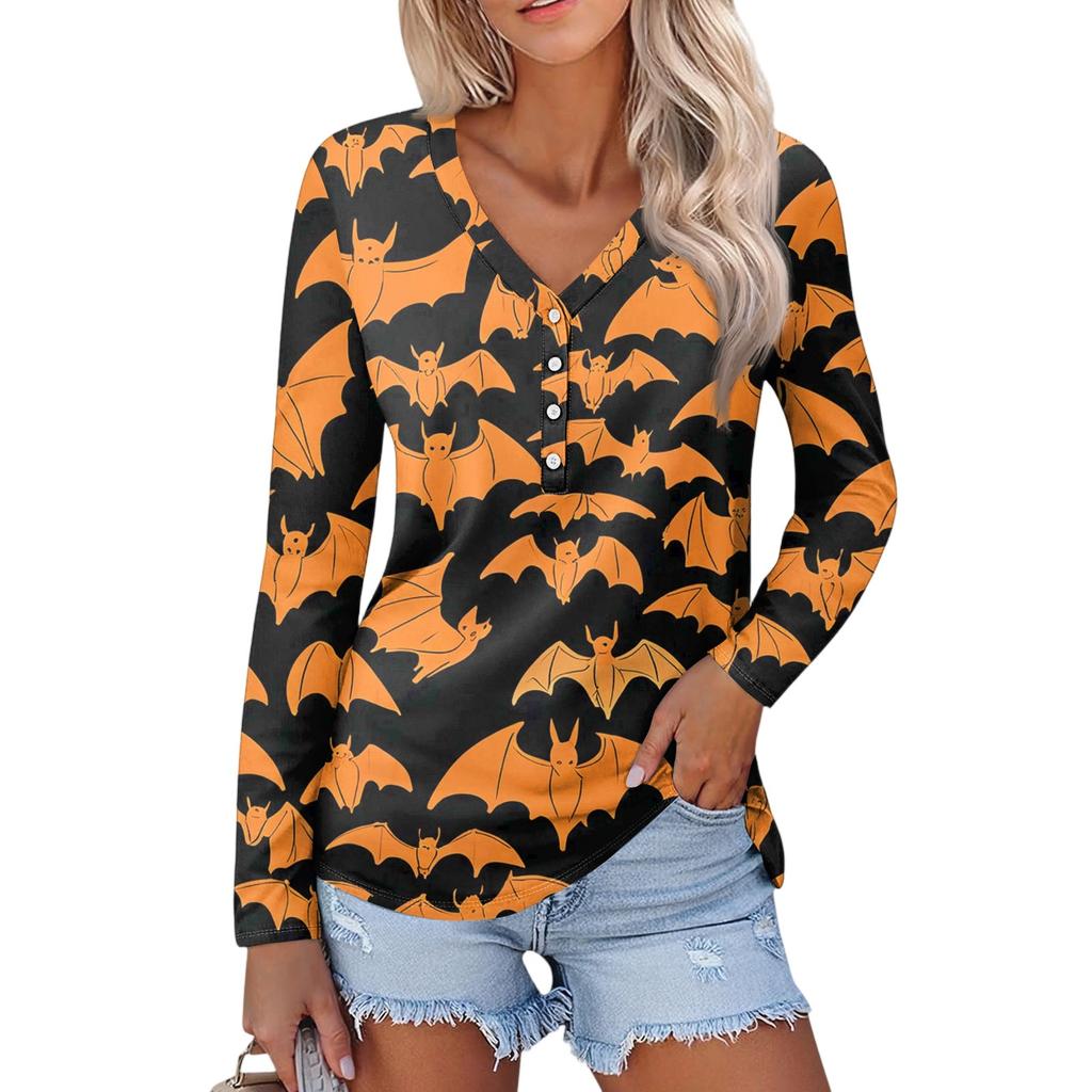 Women's Casual Fashion Sexy Comfort Halloween Printed V-Neck Button Long Sleeve
