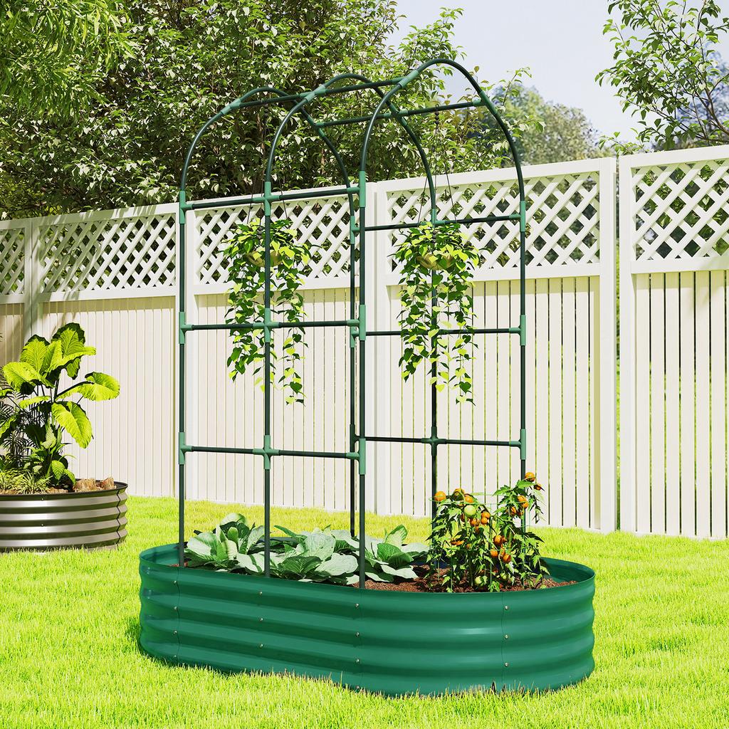 Galvanised Raised Garden Bed with Arched Trellis, 5 x 3 x 6ft Metal Raised Bed for Garden with Open Bottom, Green