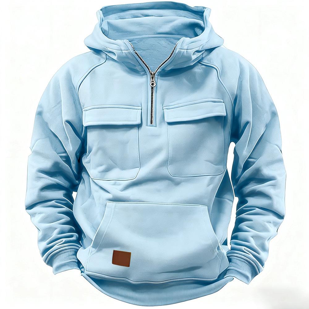 

Men s Retro Hooded Pullover Jacket with Leather Patches & Multi-Pockets Double Extra Large (2XL) світло-синій колір