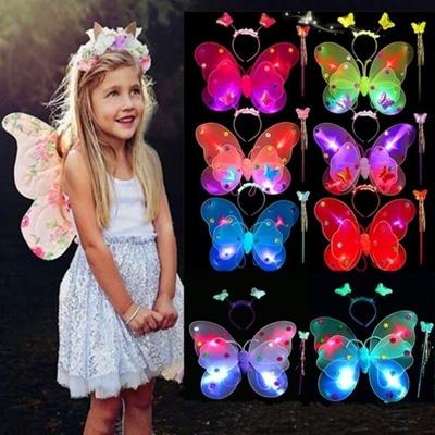 3 Stück/Set Doppelschichtige Mädchen LED Blinklicht Fee Schmetterlingsflügel Zauberstab Stirnband Kostüm Spielzeug Geschenk Halloween Dekoration