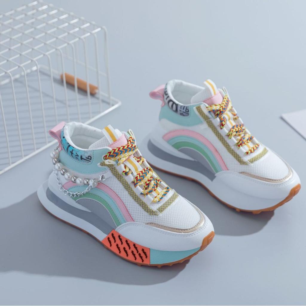 Thick-soled INS Trendy Versatile Niche Fashion Pearl Dad Shoes, Rainbow High-top Popular Sporty Casual Shoes