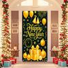IVN 71x35 Inch Happy New Year 2026 Banner Door Cover New Years Eve Party Backdrop Black Gold Balloons Gift Box Polyester Fabric Front Door Porch