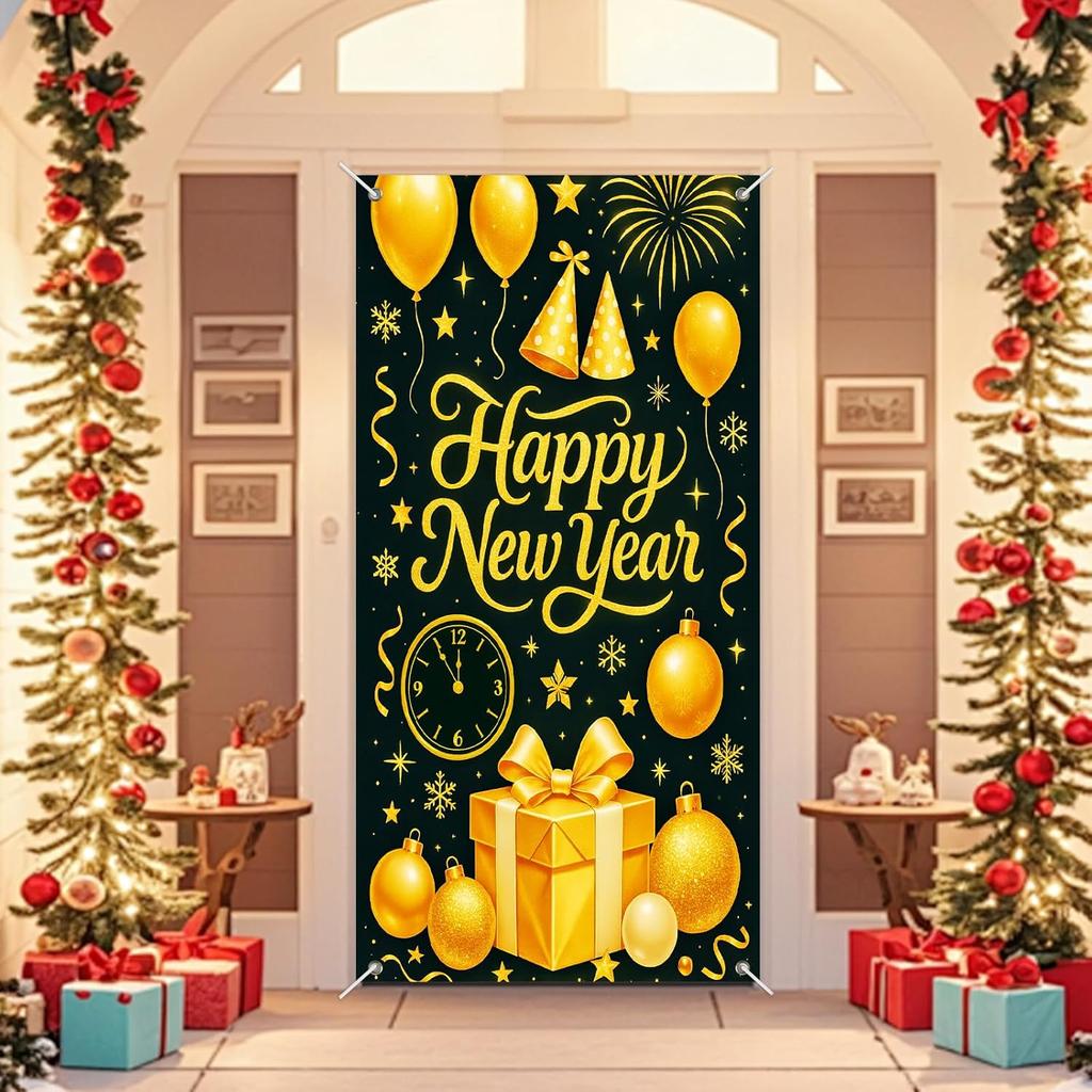 IVN 71x35 Inch Happy New Year 2026 Banner Door Cover New Years Eve Party Backdrop Black Gold Balloons Gift Box Polyester Fabric Front Door Porch