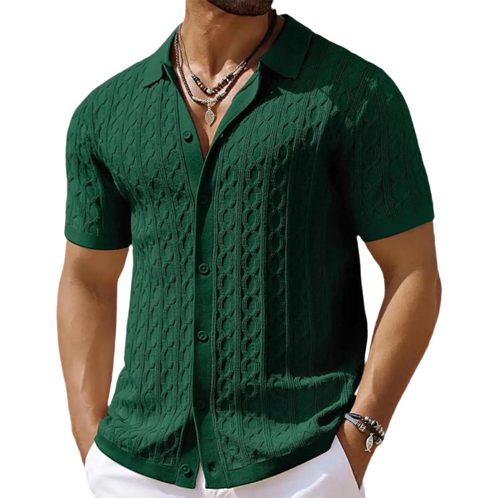 Men's Summer Casual Knit Jacquard Short Sleeve Cardigan Business Polo Shirt Button Front Lightweight Breathable Fabric